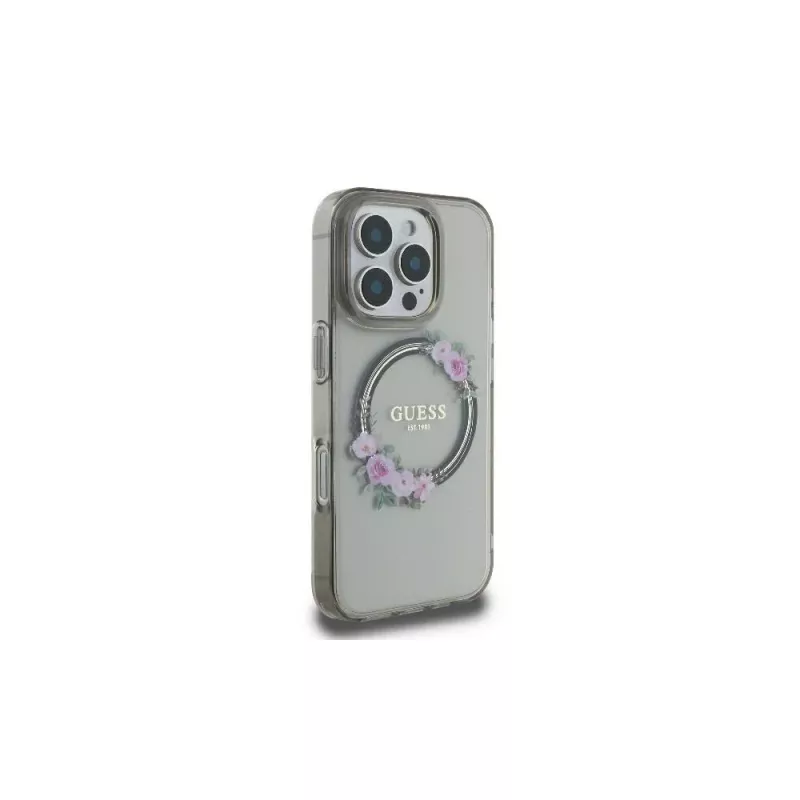 Guess GUHMP16LHFWFCK iPhone 16 Pro custodia rigida IML Flowers Wreath MagSafe nero