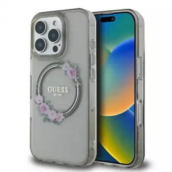 Guess GUHMP16XHFWFCK iPhone 16 Pro Max 6.9 nero custodia rigida IML Flowers Wreath MagSafe