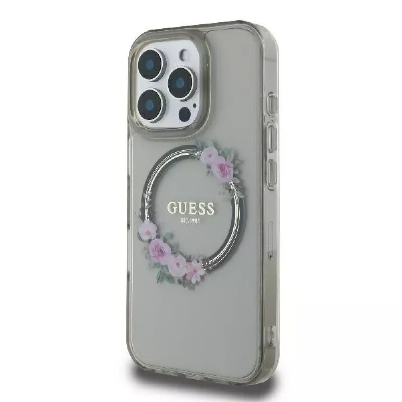 Guess GUHMP16XHFWFCK iPhone 16 Pro Max 6.9 nero custodia rigida IML Flowers Wreath MagSafe