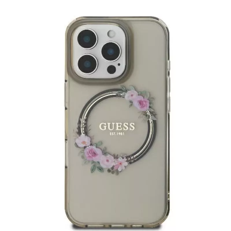 Guess GUHMP16XHFWFCK iPhone 16 Pro Max 6.9 nero custodia rigida IML Flowers Wreath MagSafe