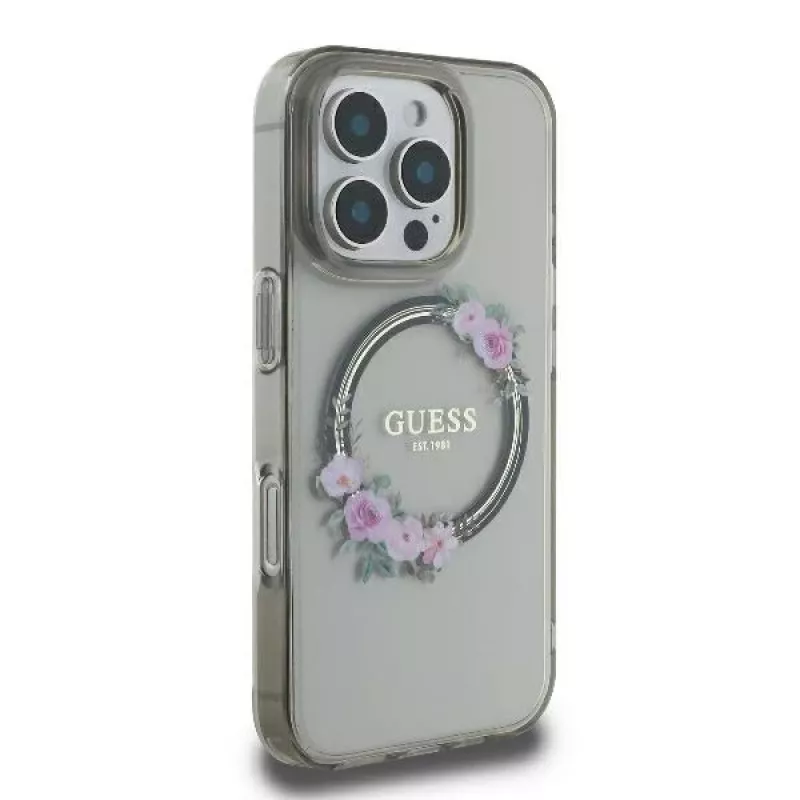 Guess GUHMP16XHFWFCK iPhone 16 Pro Max 6.9 nero custodia rigida IML Flowers Wreath MagSafe