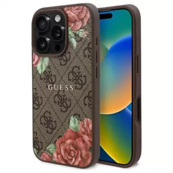 Guess GUHMP16LP4ROPEMCW Custodia rigida iPhone 16 Pro 4G Flowers Print MagSafe marrone