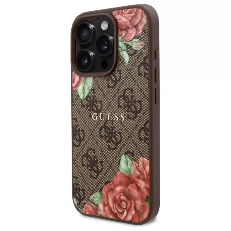 Guess GUHMP16LP4ROPEMCW Custodia rigida iPhone 16 Pro 4G Flowers Print MagSafe marrone