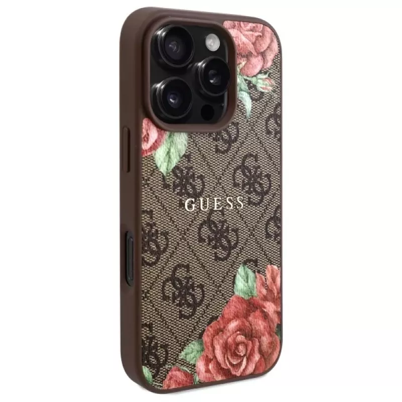 Guess GUHMP16LP4ROPEMCW Custodia rigida iPhone 16 Pro 4G Flowers Print MagSafe marrone