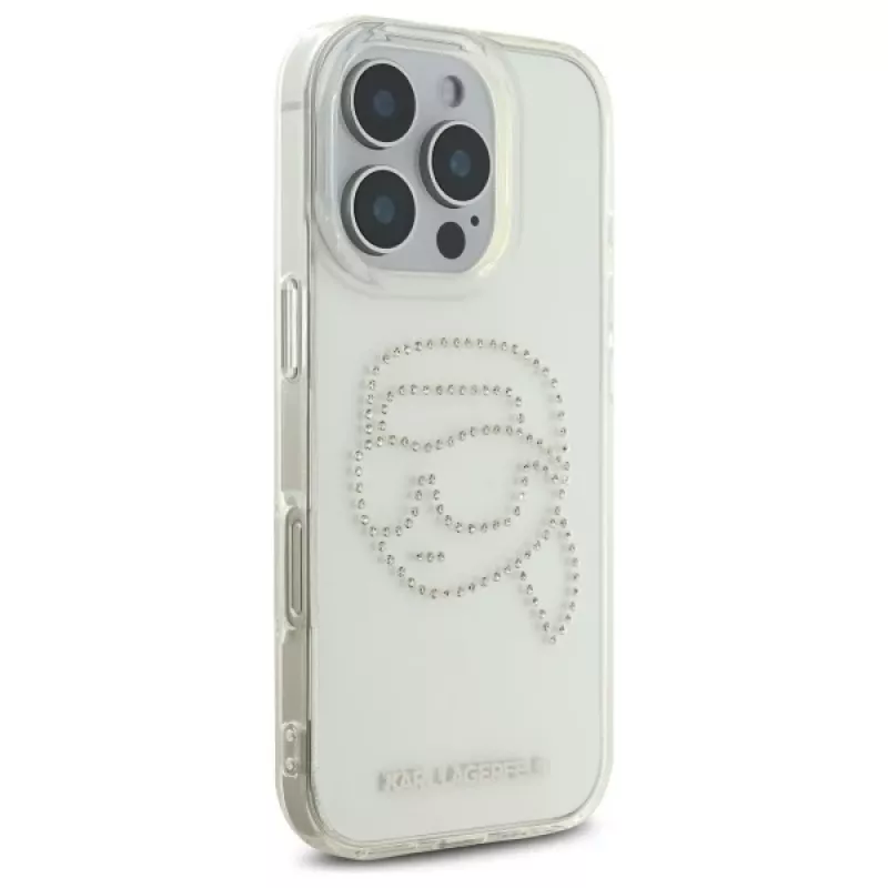 Karl Lagerfeld IML Rhinestones Karl Head Back Cover per iPhone 16 Pro Max (trasparente)