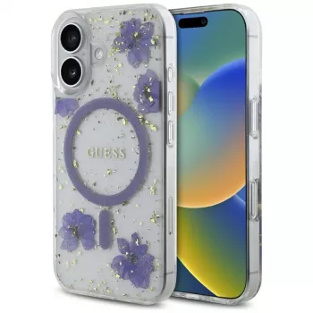 Guess Resin Flowers Glitter Custodia MagSafe per iPhone 16 viola