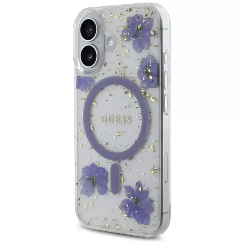 Guess Resin Flowers Glitter Custodia MagSafe per iPhone 16 viola