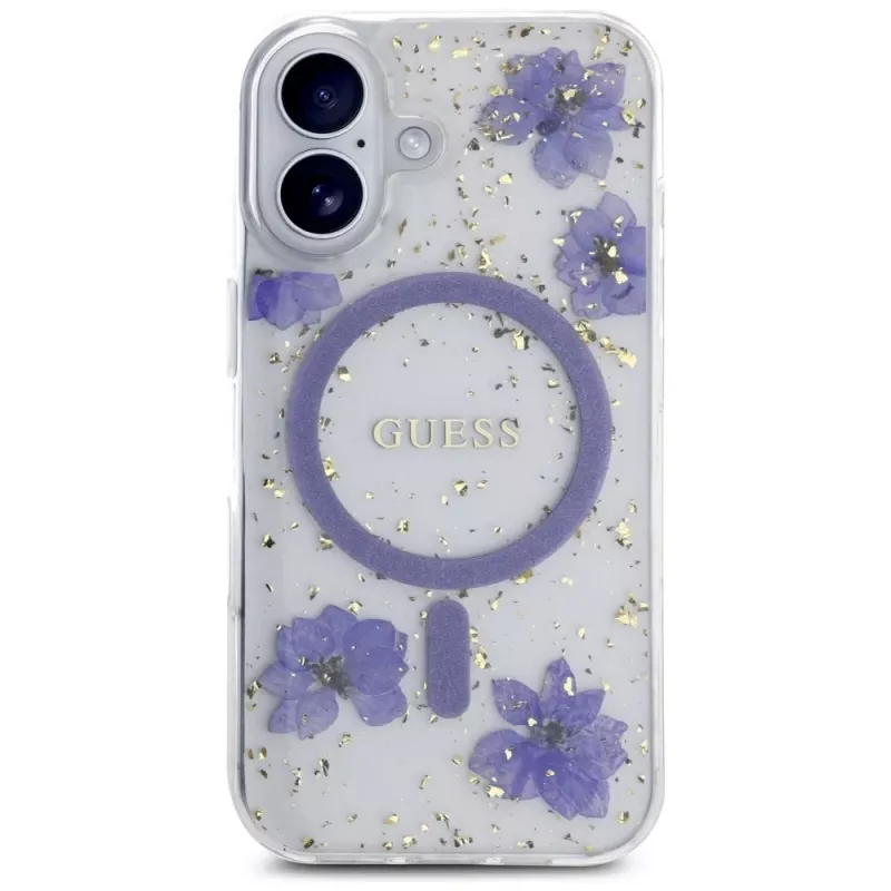 Guess Resin Flowers Glitter Custodia MagSafe per iPhone 16 viola