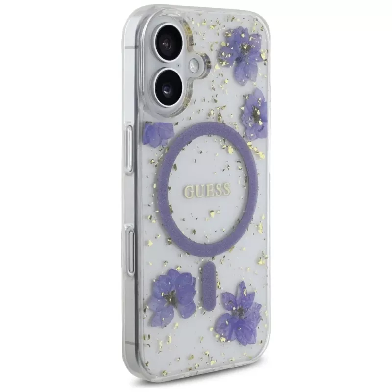 Guess Resin Flowers Glitter Custodia MagSafe per iPhone 16 viola