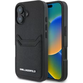 Karl Lagerfeld HC Grained PU Card Slot Metal Elongated Custodia per iPhone 16, nero