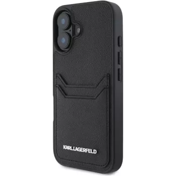 Karl Lagerfeld HC Grained PU Card Slot Metal Elongated Custodia per iPhone 16, nero