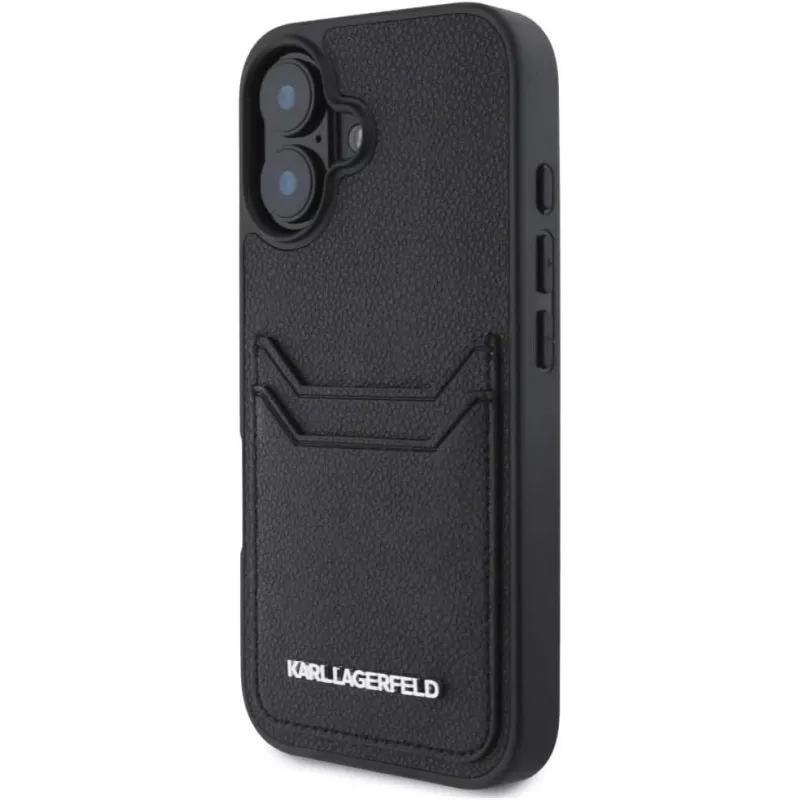 Karl Lagerfeld HC Grained PU Card Slot Metal Elongated Custodia per iPhone 16, nero
