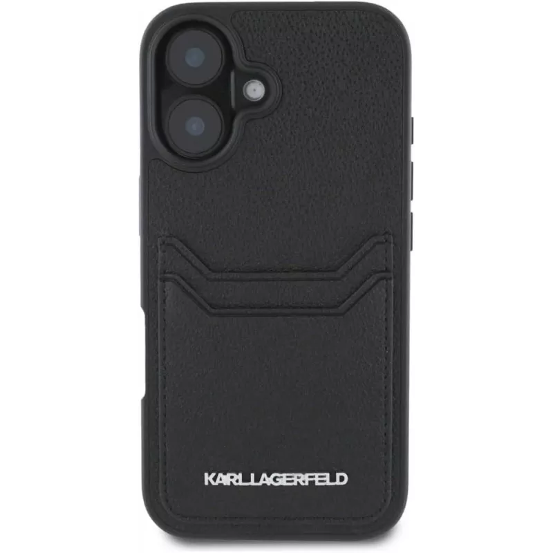 Karl Lagerfeld HC Grained PU Card Slot Metal Elongated Custodia per iPhone 16, nero
