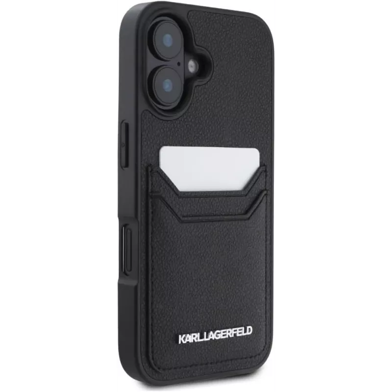 Karl Lagerfeld HC Grained PU Card Slot Metal Elongated Custodia per iPhone 16, nero