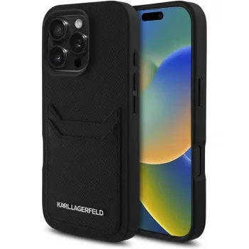 KARL LAGERFELD HC Grained PU Card Slot Metal Elongated Custodia per iPhone 16 Pro nero