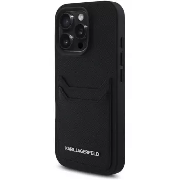 KARL LAGERFELD HC Grained PU Card Slot Metal Elongated Custodia per iPhone 16 Pro nero