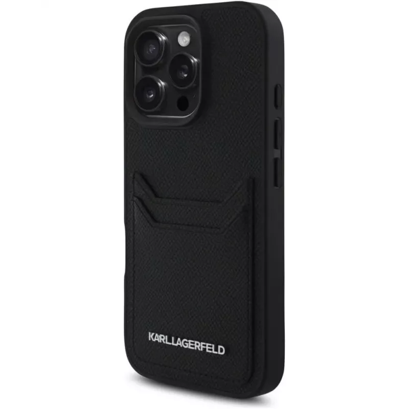KARL LAGERFELD HC Grained PU Card Slot Metal Elongated Custodia per iPhone 16 Pro nero