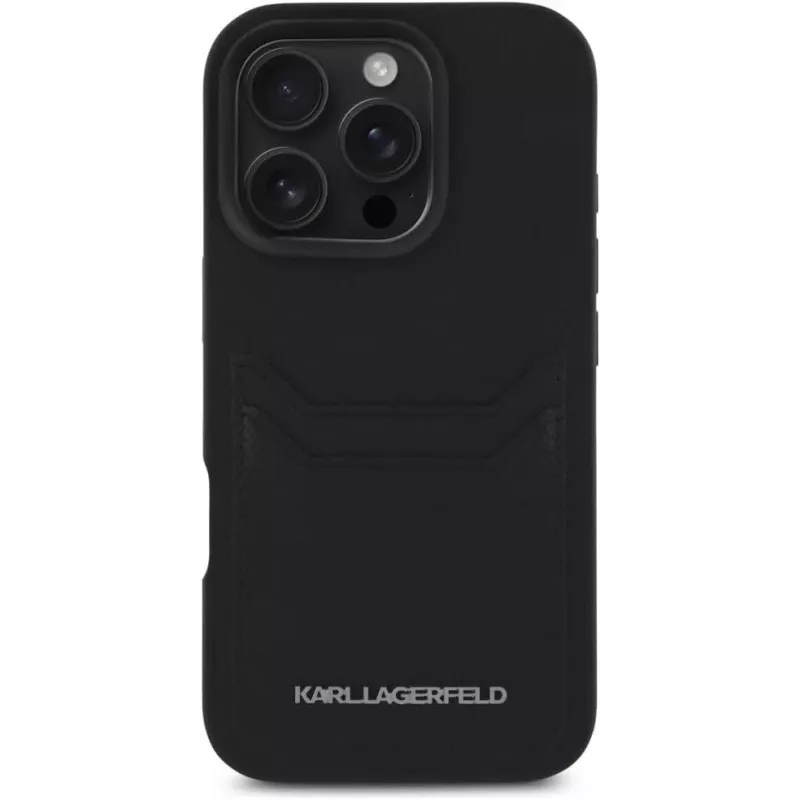 KARL LAGERFELD HC Grained PU Card Slot Metal Elongated Custodia per iPhone 16 Pro nero