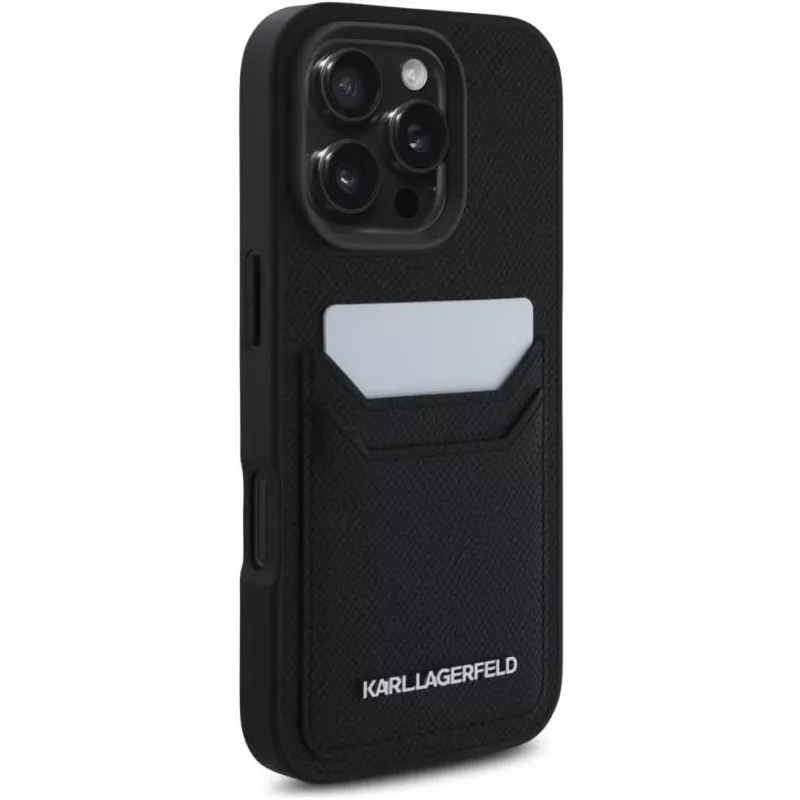 KARL LAGERFELD HC Grained PU Card Slot Metal Elongated Custodia per iPhone 16 Pro nero