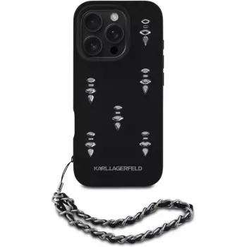 Karl Lagerfeld Saffiano Crystals with Chain Back Cover per iPhone 16 Pro, nero