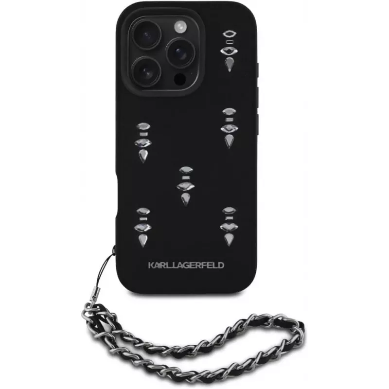 Karl Lagerfeld Saffiano Crystals with Chain Back Cover per iPhone 16 Pro, nero