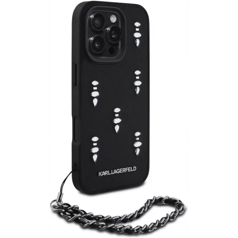 Karl Lagerfeld Saffiano Crystals with Chain Back Cover per iPhone 16 Pro, nero