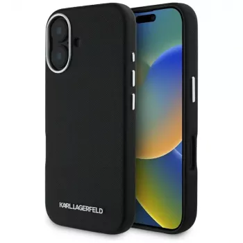 Karl Lagerfeld Saffiano FullWrapped Elongated Metal Logo Custodia MagSafe per iPhone 16 nero