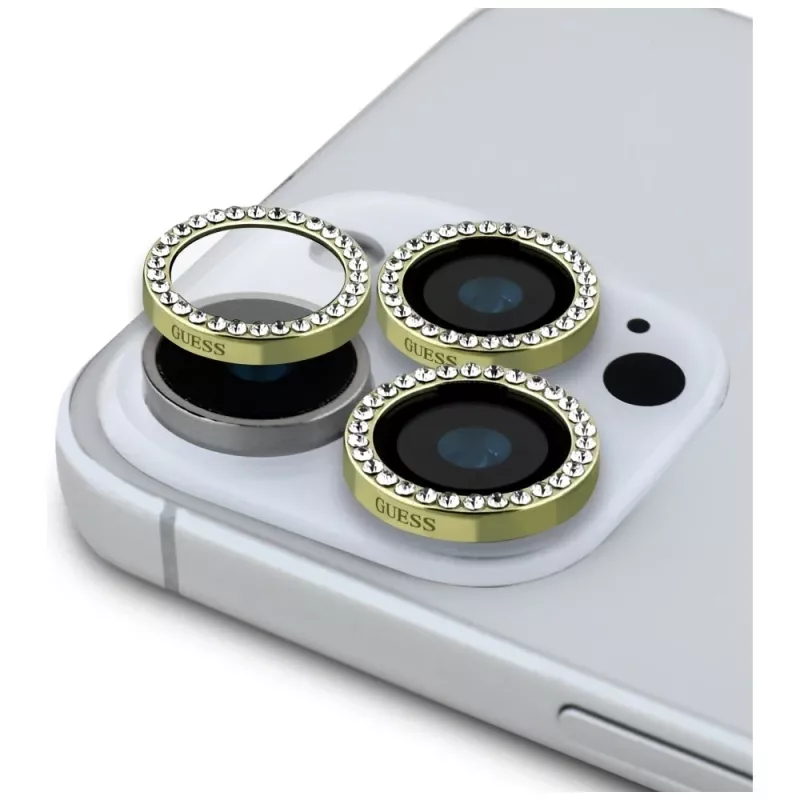 Guess BP Rhinestones Kit 2-in-1 protezione schermo e lente fotocamera per iPhone 16 Pro Max oro