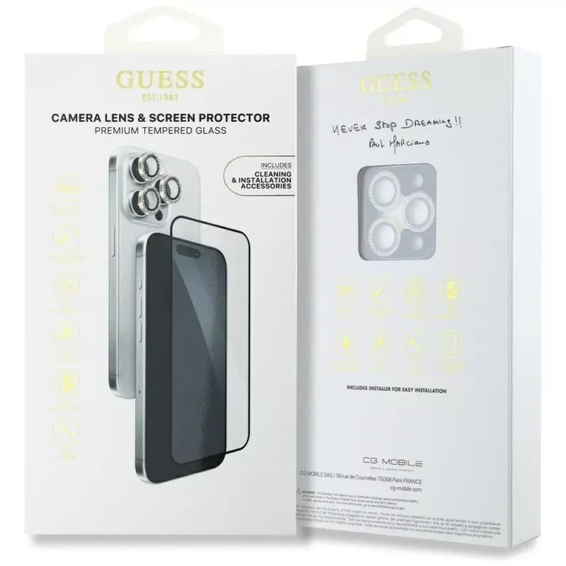 Guess BP Rhinestones Kit 2-in-1 protezione schermo e lente fotocamera per iPhone 16 Pro Max oro