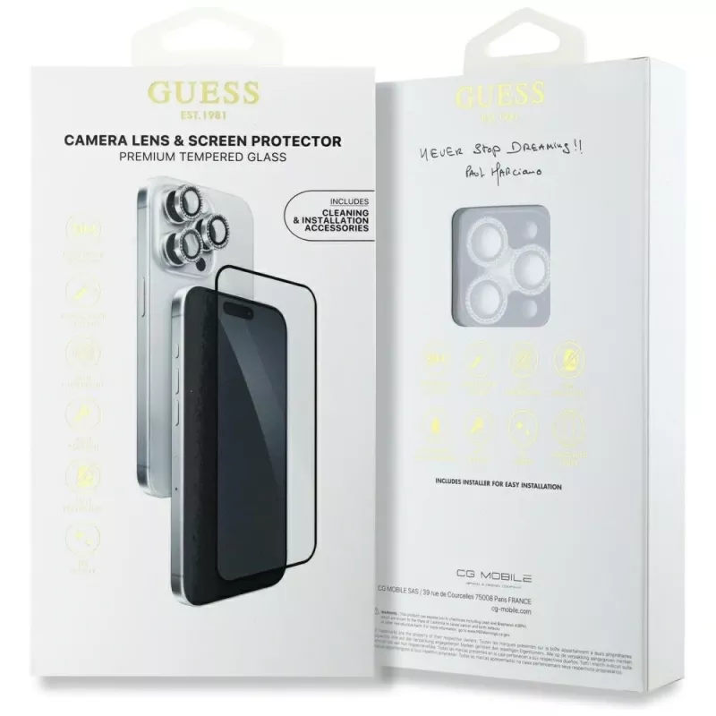 Guess BP Rhinestones Set 2-in-1 protezione schermo e lente fotocamera per Apple iPhone 16 Pro Max - argento