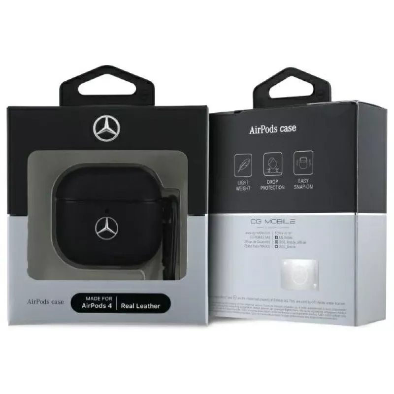 Mercedes-Benz MEA4CSLBK Custodia per AirPods 4 in pelle nera con logo in metallo