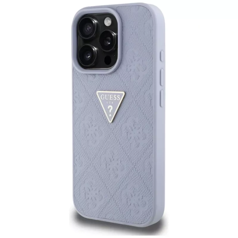 Guess Hot Stamp 4G Pattern Triangle Metal Logo Custodia per iPhone 16 Pro Max (lilla)