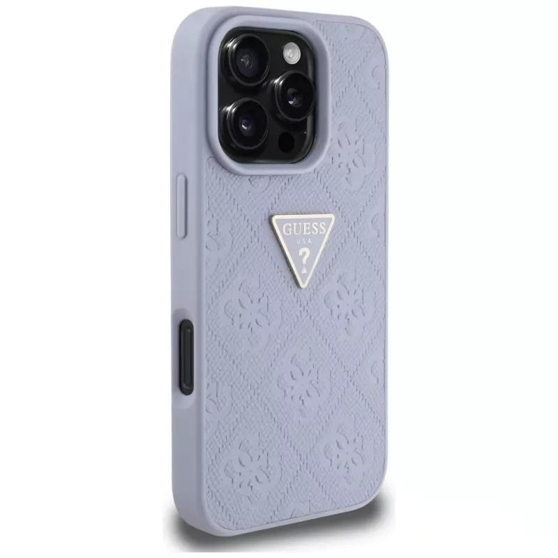 Guess Hot Stamp 4G Pattern Triangle Metal Logo Custodia per iPhone 16 Pro Max (lilla)