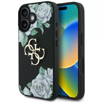 Guess Grained Roses Big 4G Logo Cover per Apple iPhone 16, nero
