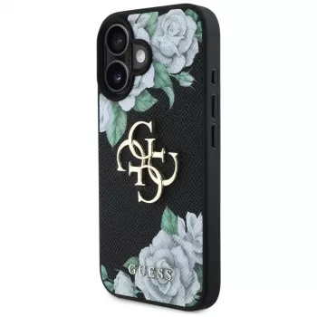 Guess Grained Roses Big 4G Logo Cover per Apple iPhone 16, nero