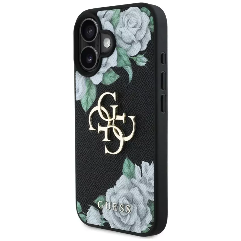 Guess Grained Roses Big 4G Logo Cover per Apple iPhone 16, nero