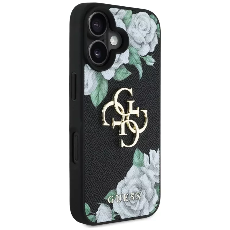 Guess Grained Roses Big 4G Logo Cover per Apple iPhone 16, nero