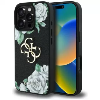 Guess Grained Roses Big 4G Logo Cover per Apple iPhone 16 Pro, nero