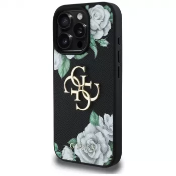 Guess Grained Roses Big 4G Logo Cover per Apple iPhone 16 Pro, nero