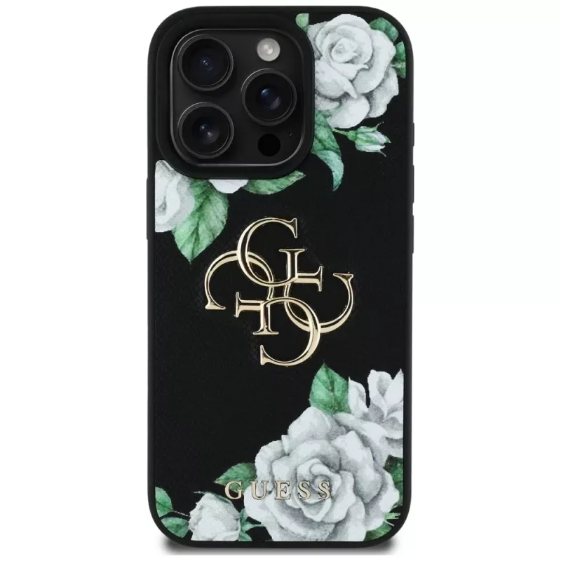Guess Grained Roses Big 4G Logo Cover per Apple iPhone 16 Pro, nero