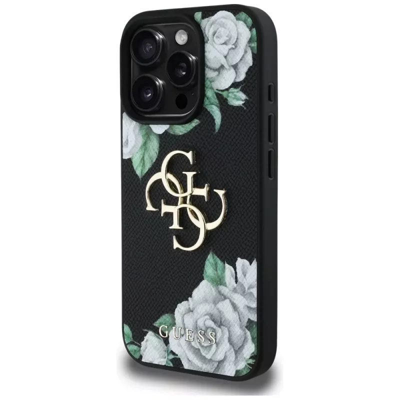 Guess Grained Roses Big 4G Logo Cover per iPhone 16 Pro Max, nero