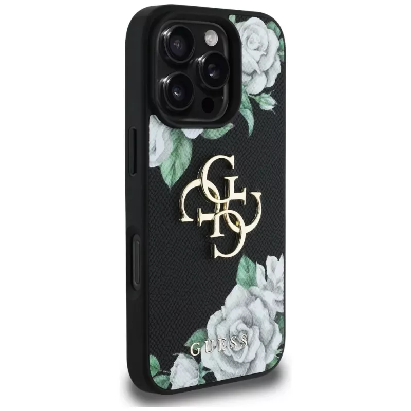 Guess Grained Roses Big 4G Logo Cover per iPhone 16 Pro Max, nero