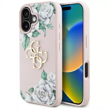 Guess Grained Roses Big 4G Logo Cover per Apple iPhone 16 - rosa