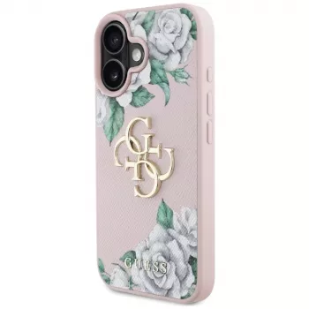 Guess Grained Roses Big 4G Logo Cover per Apple iPhone 16 - rosa