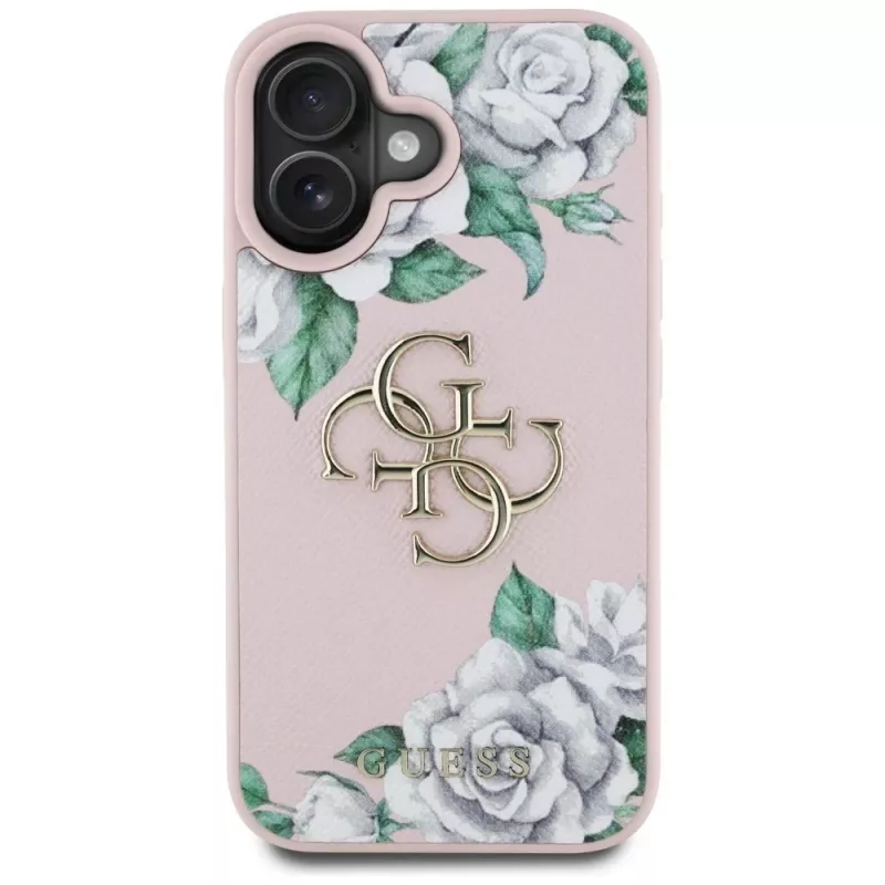 Guess Grained Roses Big 4G Logo Cover per Apple iPhone 16 - rosa