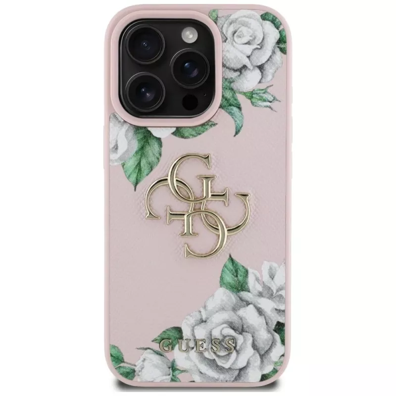 Guess Grained Roses Big 4G Logo Cover per Apple iPhone 16 Pro, rosa