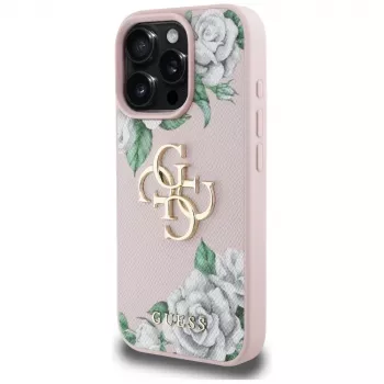 Guess Grained Roses Big 4G Logo Cover per iPhone 16 Pro Max - rosa