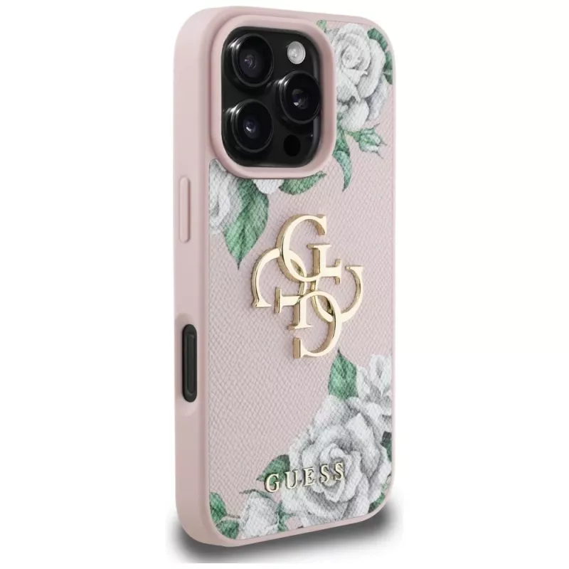 Guess Grained Roses Big 4G Logo Cover per iPhone 16 Pro Max - rosa