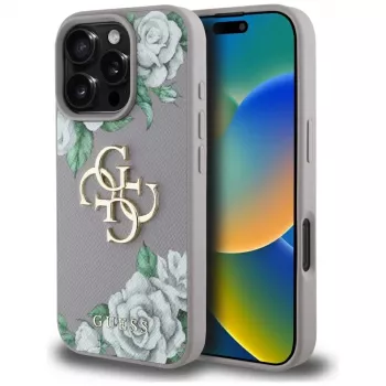 Guess Grained Roses Big 4G Logo Cover posteriore per Apple iPhone 16 Pro - Viola