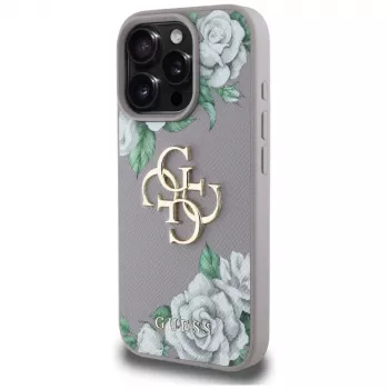 Guess Grained Roses Big 4G Logo Cover posteriore per Apple iPhone 16 Pro - Viola